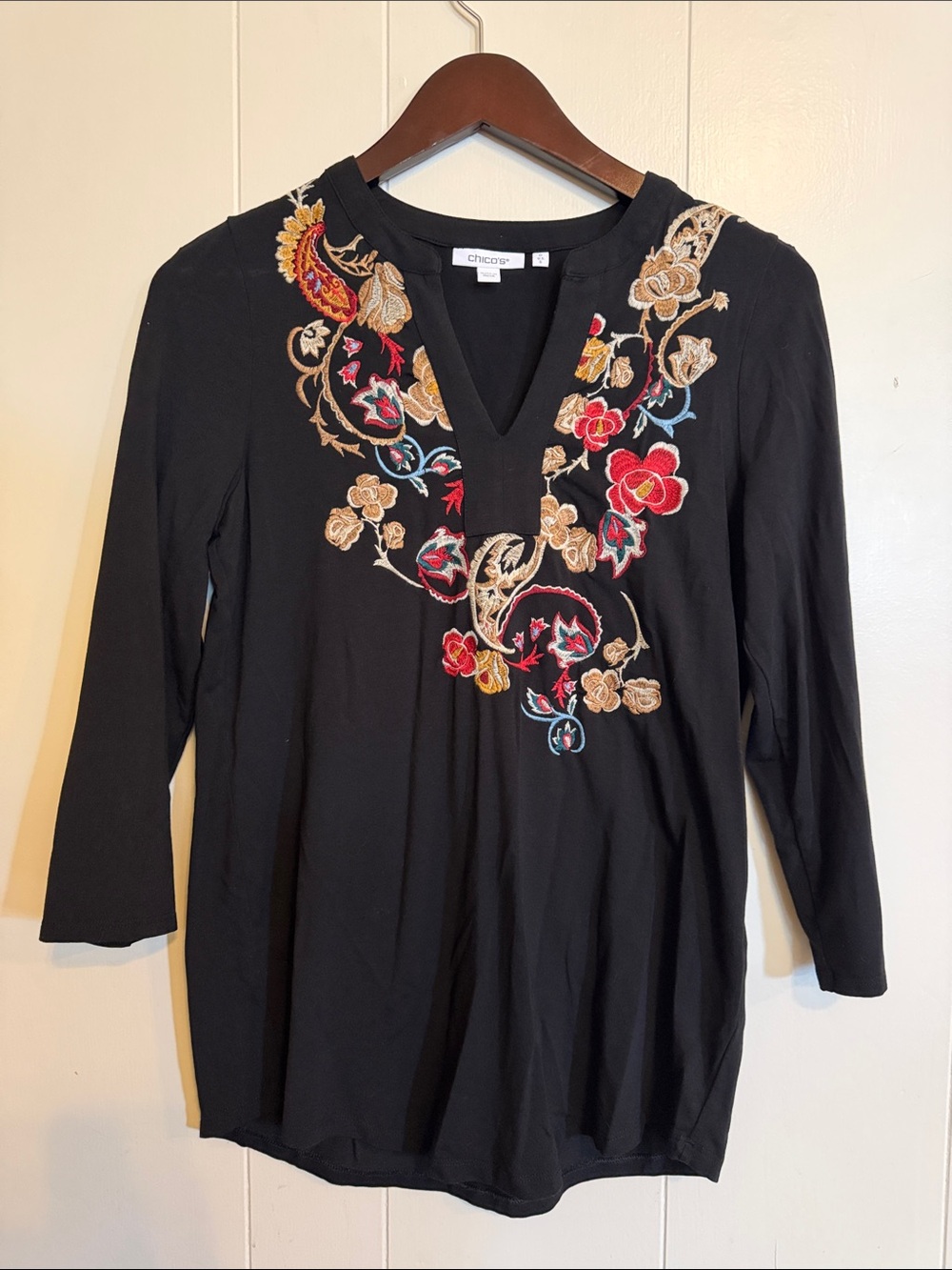Chico's Black Embroidered V-Neck Tunic with Multicolor Floral Detail